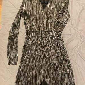 Shimmering Black & Silver Wrap-Front Long Sleeve Dress